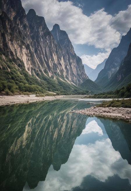 mirror reflection.
majestic scene of the dragon river, china, huge sharp edge mountains, clouds, neat image.