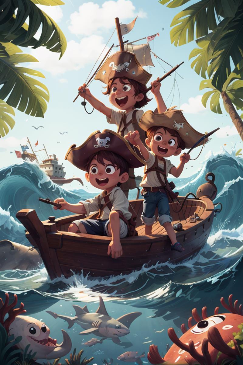 Three children wearing pirate hats and smiling while riding a boat.