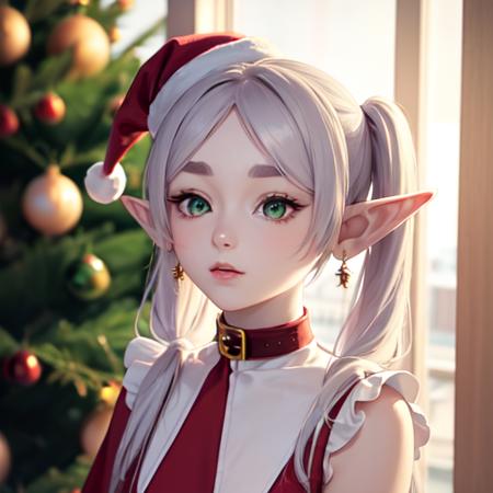 elf,green eyes,jewelry earrings,parted bangs,white hair, short_thick_eyebrows,