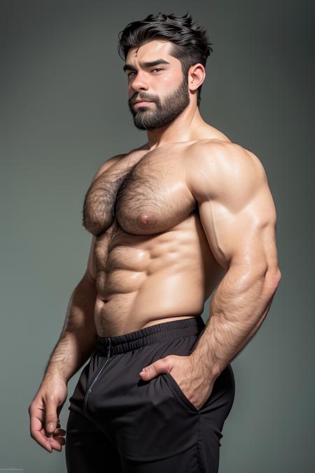 bolin_avatar, solo, blush, short hair, black hair, 1boy, underwear, nipples, male focus, pants, dark skin, from side, muscular, facial hair, abs, undressing, pectorals, muscular male, bara, beard, large pectorals, bulge, topless male, mustache, male underwear, pants pull, red pants, chest hair, navel hair, armpit hair, arm hair, hairy <lora:bolin_avatar-15:0.7>