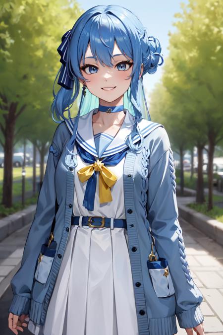 masterpiece, best quality, absurdres, perfect anatomy, SuiseiSchool, long hair, half updo, white serafuku, blue choker, blue bowtie, blue belt, white skirt, grey cardigan, open cardigan, smile, outdoors, tree, <lora:HoshimachiSuiseiV2:1.0>