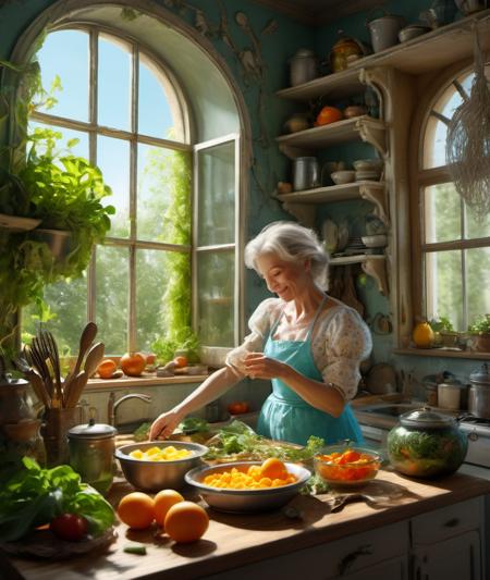 , <lora:DonMG414XL:1> ,magical, whimsical, fairytale, fantasy,        A highly detailed mother in her kitchen preparing meal, window sunny day, happy, smiling,