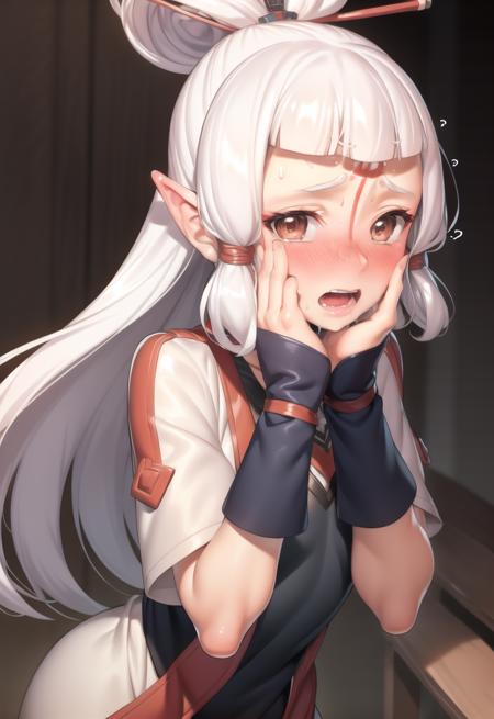 ((masterpiece)), (best quality), (detailed), paya, <lora:paya:0.7>, long hair, white hair, blush, open mouth, sweat, embarrassed, hands on own face, ear blush, covering face, looking at viewer,