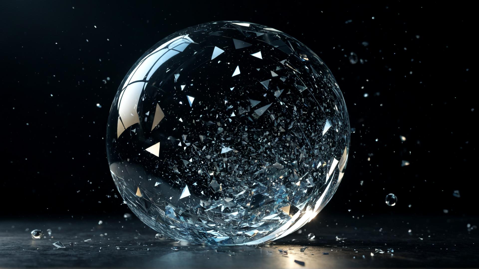 A shattered glass sphere, with shards floating in mid-air. The shards reflect soft light from unseen sources, casting tiny beams of light across the scene. The background is a deep black void, with soft shadows adding depth., Photorealistic, Hyperrealistic, Hyperdetailed, analog style, soft lighting, subsurface scattering, realistic, heavy shadow, masterpiece, best quality, ultra realistic, 8k, golden ratio, Intricate, High Detail, film photography, soft focus