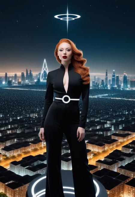 In center of the picture a woman holding up black circle in bold lines intersected by a thick lines, Gnostic symbol, symmetrical,
In the background: ((An enormous city sprawl with a city skyline reaching for the stars,
Aleph Tower, centre for the AI that rules the Human civilization, in a glittering city of glass and shining metal,
   bright sunlight under a pitch black sky.
twice five miles of urban sprawl,
in the front a mysterious woman, slick suit, long sleeves, long pants, reminiscent of old pin up models,( full body portrait:1.5), futuristic business fashion, secretive face, long ginger hair, flowing curls, pale skin, blushing, Freckles, red lipstick, slight smile, red shawl, proud)),  
Photographer Reuben Wu Style