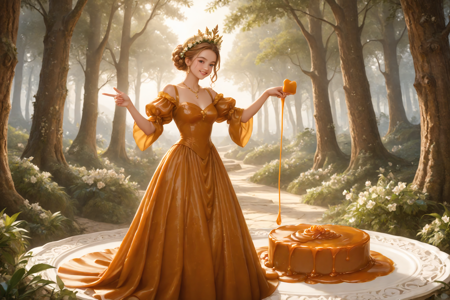 a creature, Pandora, first woman, with a box, wearing a flowing gown and a floral crown, opening the box with glowing mist escaping, solo, caramel, caramel sauce, caramel Nemean forest with caramel trees, caramel tracks, detailed background, caramel, caramel sauce, pointing at a caramel horizon, directing attention, benevolent, gentle smile, wide shot, best quality, vibrant colors, photorealistic style, high detail, high-definition, hyper-realistic, extremely high-resolution details, fine texture, incredibly lifelike, realistic, not fantasy, not anime, not drawing, highres, 4K resolution, source photo, realistic photo, masterpiece, best quality, amazing quality, very aesthetic, ultra-detailed, soft lighting, honey caramel tones, divine glow, medium shot, <lora:caramel gmr lora:1>