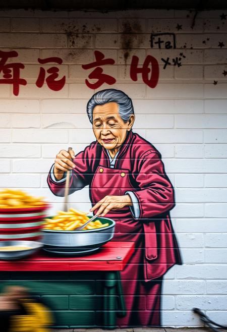 A long-exposure photograph of a mural depicting an elderly Chinese woman deep frying snacks in her food stall against a white background. The image uses a blurred bokeh effect to capture motion, with sharp focus on the woman and soft background.