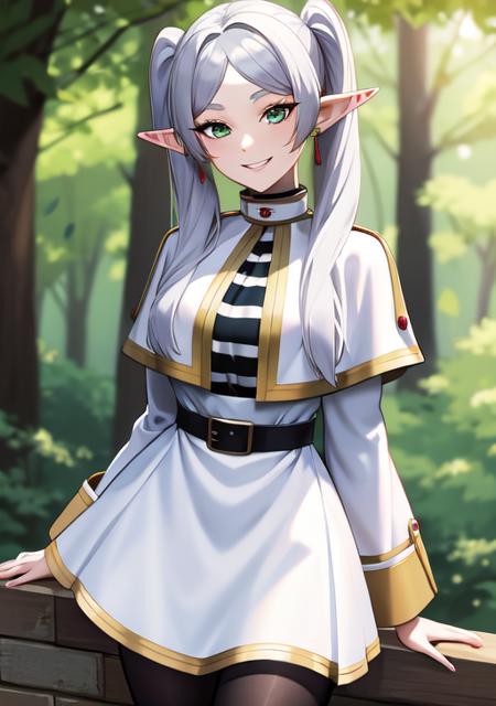 <lora:frieren:0.7>, frieren, 1girl, solo, long hair, breasts, looking at viewer, smile, bangs, long sleeves, dress, twintails, jewelry, green eyes, grey hair, pantyhose, cowboy shot, earrings, outdoors, parted lips, day, pointy ears, striped, belt, white dress, grin, arm up, black pantyhose, capelet, elf, arm behind back, black belt, white capelet ,