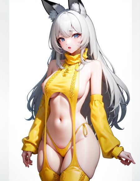 1girl, solo, (white background:1.2), simple background, vds, detached sleeves, yellow sweater, yellow thighhighs, yellow panties, standing, white hair, long hair, fox ears,