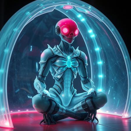 Masterpiece 4 protozoa/humanoid, bioluminescence translucent  body, with no ears and no nose, 32k, 16k, 8k, masterpiece, cinematic art, Kaiju bioluminescence translucent armor, sitting in a bioluminescence translucent bubble shape cathedral,