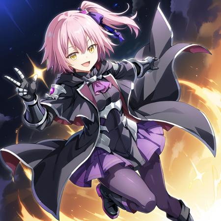 ultima, slit pupils, pink hair, purple hair, short hair, side ponytail, yellow eyes, bangs, hair between eyes, small breasts, black jacket, fur trim, purple trim, capelet, long sleeves, long dress,  purple dress, detatched sleeves, hair ribbon, black footwear, socks, purple ribbon, purple bow, hair ornament, black shirt, purple ascot, purple skirt, purple pantyhose, boots, black footwear, open jacket, black armored dress, black coat, black jacket, gloves, black gauntlets,