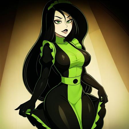 <lora:ShegoV1:0.6>shego, 1girl, (((maid dress))),black hair, black lips, green eyes, lips, long hair, looking at viewer, makeup,multicolored clothes