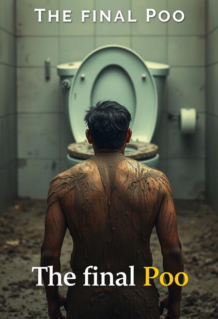 A Hollywood movie poster, featuring a photograph of An indian guy covered by mud. (front centered wide shot, huge toilet in the distance with a scary aura, big size difference, rear view of the indian guy. Movie title text says "The final Poo"