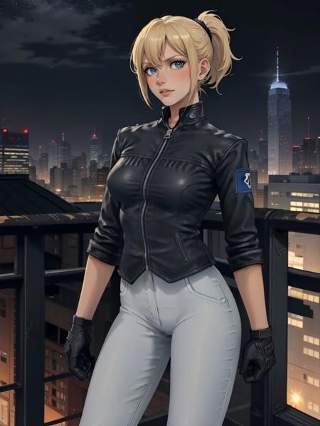 femaleguarduniform,1girl,solo,looking at viewer,(standing:1.3),(cowboy shot:1.4),blonde hair,short hair,short ponytail,blue eyes,breasts,medium breasts,rolling sleeves up,black jacket,leather,leather jacket,zipper,armband,gloves,black gloves,pants,(white pants:1.2),boots,knee boots,high heels,high heel boots,black footwear,pants tucked in,outdoors,city lights,cityscape,balcony,sky,skyline,skyscraper,night,night sky,star \(sky\),<lora:PD_Female_Guard_Uniform_V1.0:0.6>,