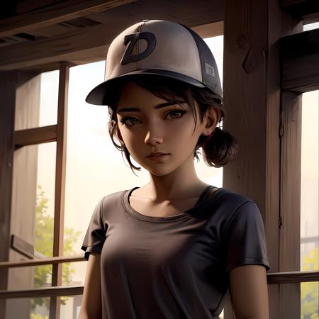 ((masterpiece, best quality)),(complex lighting) , solo ,1girl, clementine,  dark skin,  <lora:ClementineWalkingDead1-10:0.6>,hat, baseball cap,