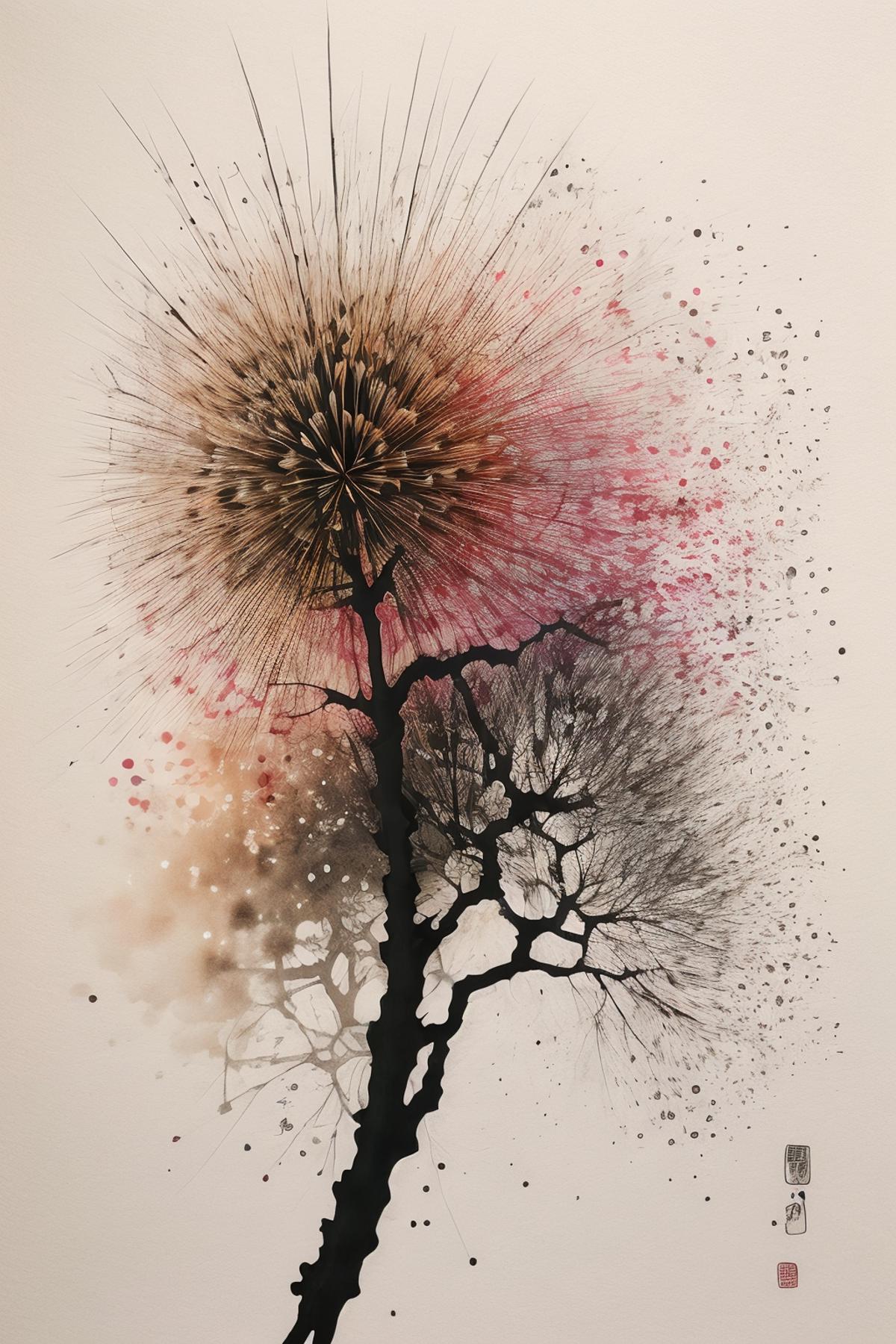 Artwork of a Tree Branch with Pink and Brown Flowers