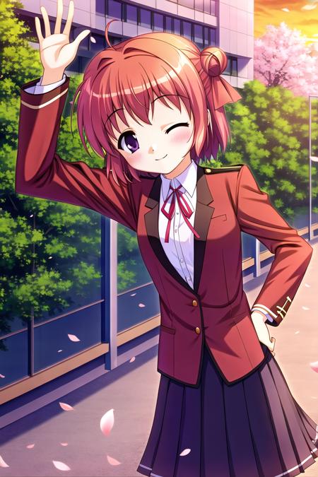 highres, high quality, 1girl, akaza akari, blush, smile, shuuchikan academy school uniform, pleated skirt, outdoors, tree, falling petals, cherry blossoms, hand on hip, evening, one eye closed