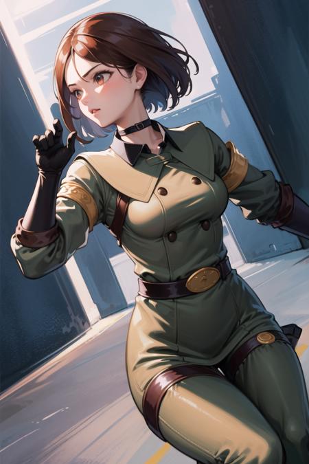 (masterpiece, best quality, high resolution, unity 8k wallpaper, extremely detailed CG:1), (illustration:1.0), 1girl,solo,  whipms, gloves, uniform, military, military uniform,belt, choker, pants, <lora:WhipMS:1>