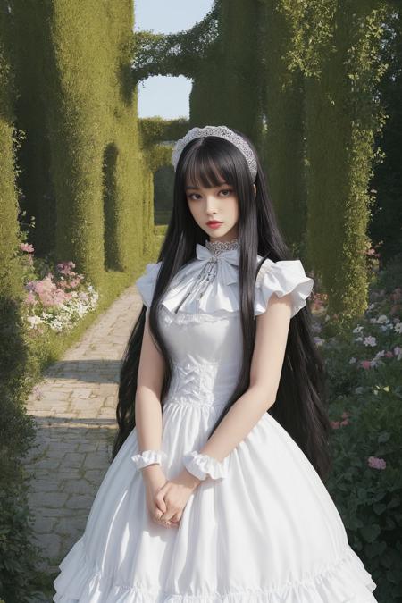 (masterpiece, top quality, best quality, official art, beautiful and aesthetic:1.2), 1girl, long black straight hair, solo, standing in garden, looking at viewer, white lolita_dress,