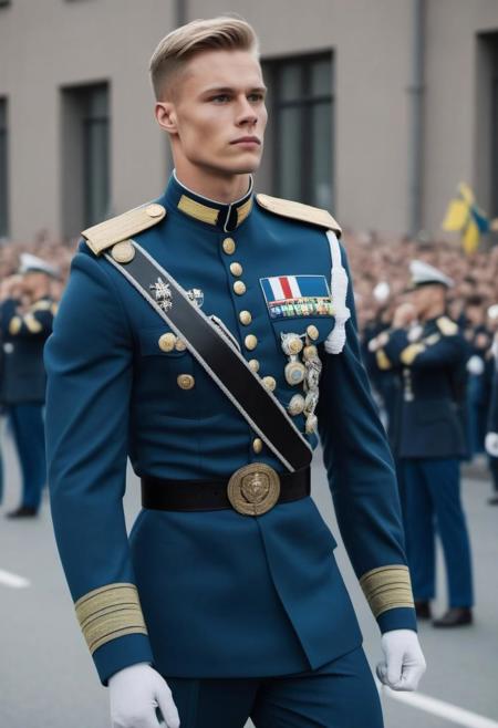 Ultra-detail, (highres:1.1), best quality, (masterpiece:1.3), handsome 23yo Swedish male model posing as military officer, skinny muscled, perfect biceps, great pecs, thin waist, perfect jawline, modern haircut, dynamic posture posing, full body from side looking forward, wearing military outfit, holding a flag in a parade