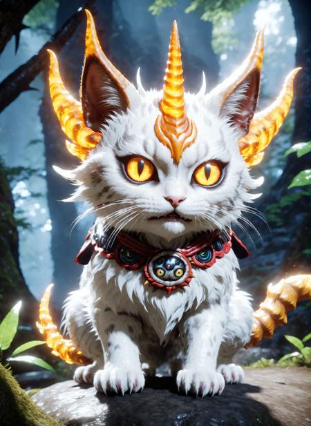 cute little yokai demon cat, in the style of niohxl  <lora:niohxl-step00000300:0.85>,masterpiece,8k,cinematic,epic,more eyes,golden horns