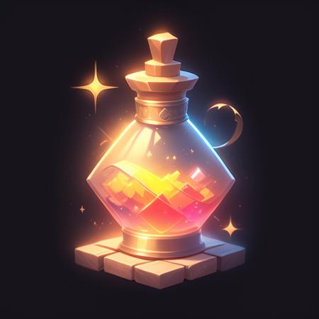 game icon institute, game icon, bottle, black background, sparkle,orange,<lora:game icon institute_yanjiusuopingzi_v3-000020:0.8>