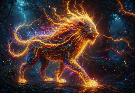 aidmamj6.1, made of golden and blue and red and yellow and purple lightning thunder trails, lthndrtrl,
A glowing bioluminescent beast stalking in the dark, its body radiating flowing light veins. The eerie glow illuminates the surrounding aquatic forest, casting an ethereal light as it moves with silent grace through the mist.