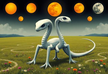 two-headed snake-alien creature with three hoofed legs, white skin, meadow background, multiple suns and moons