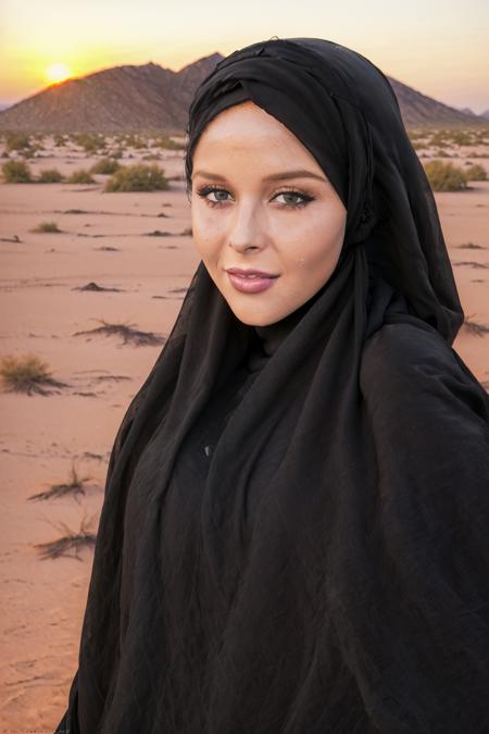 Renee Olstead, (woman:1.2), (female:1.2), (8k, RAW portrait photo, best quality, masterpiece:1.2), (realistic, photo-realistic:1.37), (highest quality), (black hijab:1.4), (in the desert:1.3), (black cloth cover full body:1.2), (morning:1.2), (sunrise:1.3), (show no skin:1.3), (black long dress:1.1),<lora:Renee-Olstead-v10:0.7>