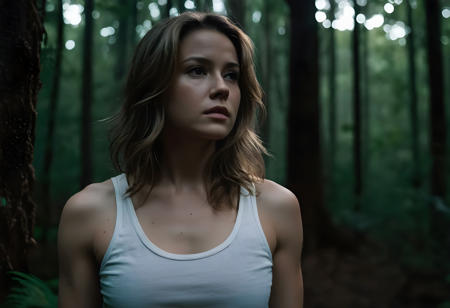 a photo of a young scared woman, wearing a white tank top, upper body framing, standing in a creepy dark forest