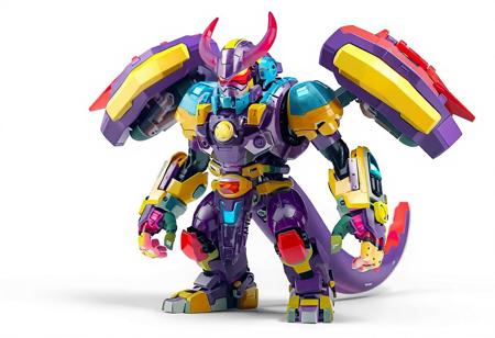 The image features a vibrant Cyber Ogre robot in a dynamic action pose, with a striking color scheme of purple, yellow, blue, and red. The robot, standing against a stark white background, is the sole focus, highlighting its intricate design and lifelike details. The isometric view showcases the robot's detailed face, clothes, and body, while the captivating lighting enhances its expressive eyes. The image exudes a sense of stillness before action, with the robot poised and ready. The composition, color harmony, and impeccable editing reflect an attractive background, creative angle, and well-timed moment, as if straight from a CGSociety or Artstation trending post.