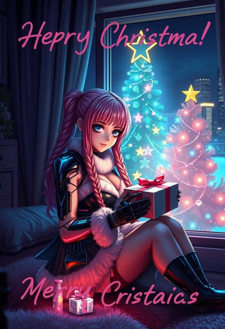 Cyberpunk Christmas greeting card depicting 1girl, AmarisM, cybernetic girl, wearing cybernetic blue and black Santa dress, sitting in front of holographic Christmas tree, opening gift.
Cyberpunk, neon lights, apartment with holographic Christmas tree dystopian city outside window ,AmerisM, musclemio, pink braids, smallpuffies, blue eyes, small breasts
Dramatic lighting, sad expression, smile
