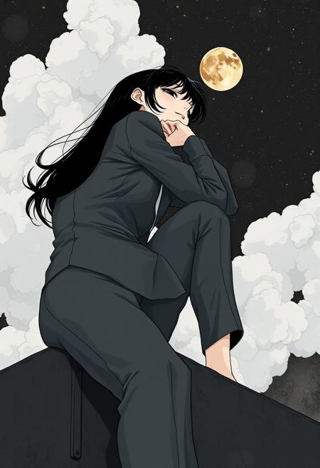 Thinking,abstract art, Tomie Kawakami, (style of Yuko Shimizu:1.3),black and pale gold, gray suit, night theme, dark sky, Full body, from below, look at the sky, face in the background, sitting on the cladding, girl face in dark sky,
