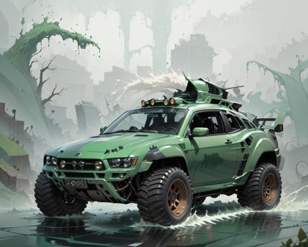 (masterpiece, best quality:1.1), ultra-detailed, (battlecar:1.1), vehicle focus, no humans, car, wheel, tire, debris, (armored car:1.05), splash, water, clean, forest green paintjob