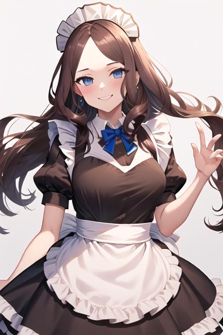 best quality, masterpiece, highres, solo, {maid:1.40}, {long maid dress:1.15}, {leonardo_da_vinci_fgo:1.15}, long_hair, brown_hair, bangs, blue_eyes, parted_bangs, smile, breasts, blush, forehead