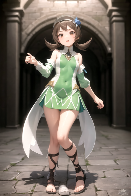 masterpiece, best quality, <lora:LyraSygnaV2:0.7>, lyra \(pokemon\), green dress, gladiator sandals, circlet, hair flower, detached sleeves, full body, smile