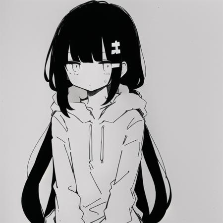 <lyco:last-000038:0.8>, osage, inabakumori, greyscale, monochrome, black hair, simple background, white background,