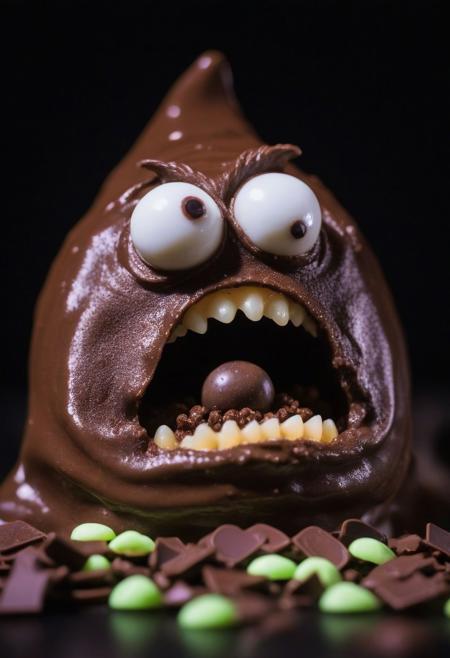 A gnome with googly eyes, eating excessive chocolate goo, sharp chocolate teeth, rage extraterrestrial inside it, in space. surrounded by chocolate chips, Close up, blurry background.
zavy-flrscnc, fluorescent, fluorescent spraypaint,