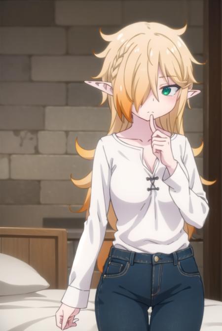 reviewerzel, <lora:reviewer zel female s1-lora-nochekaiser:1>,
zel, long hair, blonde hair, (green eyes:1.3), pointy ears, (hair over one eye:1.5), elf,
BREAK shirt, long sleeves, pants, denim, jeans, (white shirt:1.5), collarbone,
BREAK indoors, bed,
BREAK looking at viewer, (cowboy shot:1.5),
BREAK <lyco:GoodHands-beta2:1>, (masterpiece:1.2), best quality, high resolution, unity 8k wallpaper, (illustration:0.8), (beautiful detailed eyes:1.6), extremely detailed face, perfect lighting, extremely detailed CG, (perfect hands, perfect anatomy),