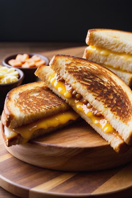 Photo of delicious looking grilled cheese sandwich on table, photorealistic, hyper quality, intricate detail, masterpiece, 8k,