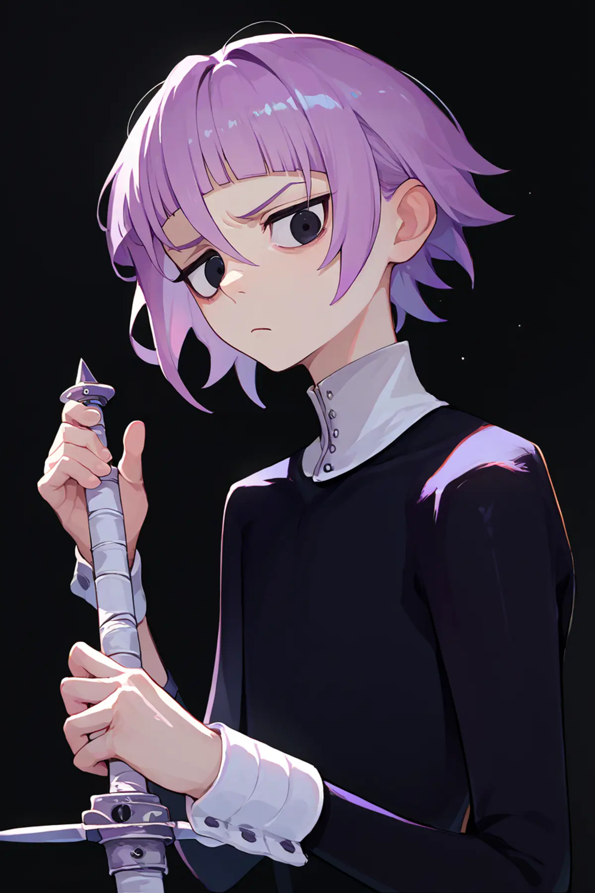 A character with short purple hair and black eyes holding the hilt of a sword with both hands. They are wearing a dark-colored outfit with a high collar and buttons. 