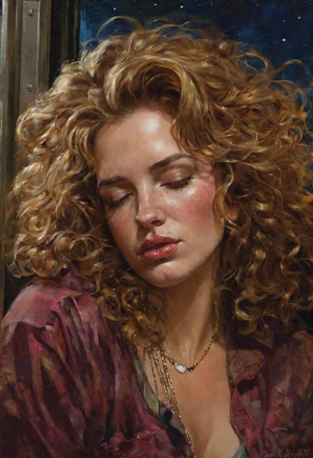 (painting by Julie Bell:1.8), drunk girl sleeping on night bus, soft body, oval face, round cheeks, messy hair, unkempt hair, night time, drool from parted lips, detailed textures, simple necklace, night lighting,
