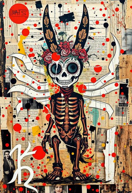 Outsider art. A surreal and deconstructed mixed-media collage in the style of Jacques Prévert with an urgent sense of chaos and energy. An analogue collage artwork blending fragmented styles, layers and textures. 
A Jean-Michel Basquiat illustration of a Mexican Day of the Dead Alebrije. 
Layered over this obscuring the image are multiple fragmented and overlapping layers of chaotic thick paint, splatters of paint, palette knife oil paint, handwritten scrawled text messages, torn photographs and broken distorted vintage photographs filling the canvas. 
Layers of repetition of brightly coloured dots in Yayoi Kusama style. Fragmented scribbles and abstract graffiti images in Jean-Michel Basquiat style over the top. This hides sections of the image below. Outlines roughly redrawn in black. The overall effect is manic and anarchic with an urgent sense of energy.