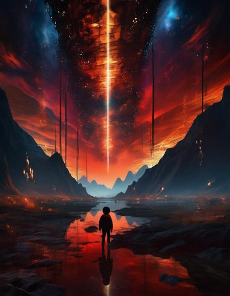 EdobHorrorLandscape, star (sky), artist name, bone, backlighting, building, realistic, fireflies, night, open mouth, red sky, mountain, horizon, ribs, mask, lake, dark, bone, very wide shot, reflection, 1boy, looking at viewer, science fiction, <lora:EdobHorrorLandscape_XL_v1.0:0.8>