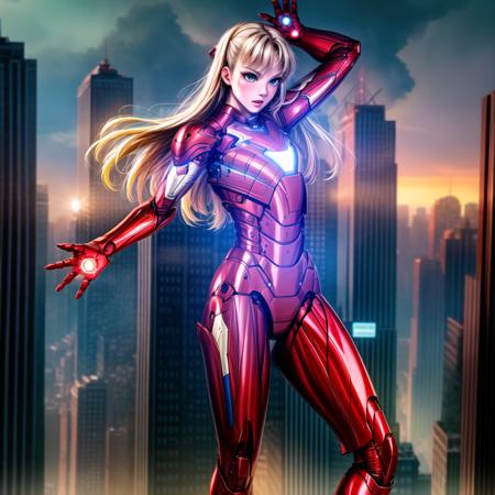 masterpiece, best quality, highres, solo, 1girl, bbsaber, long hair, blonde hair, green eyes, medium breasts, pauldrons ,<lora:more_details:1>,Urban, Cityscape, Skyscrapers, Electric, Lightning, Futuristic, Technological, Power, Magnetic, High-tech, iron man, <lora:iron_man:0.8>