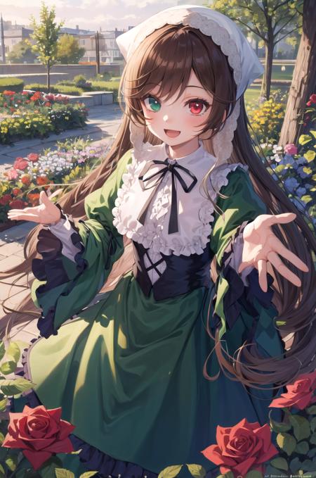 (masterpiece,best quality, detailed), outdoors, garden, 1girl, solo, rose, cowboy shot, smile, open mouth, outstretched arms, looking to the side,
suiseiseki, heterochromia, twin drills, green dress, neck ribbon, bonnet, head scarf