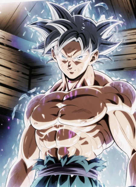 ultrainstinct, <lora:ultrainstinct_v3_offset:1> male focus, upper body, 1boy, aura, solo, black hair, torn clothes, muscular, muscular male, pectorals, spiked hair, shirt, dougi, super saiyan, large pectorals, looking at viewer, closed mouth <lora:dbsuper_style_offset:0.5>