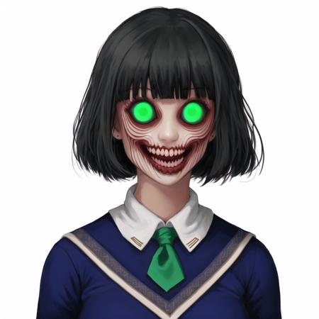 <lora:gravemudart:1>, gravemudart,  simple background, horror \(theme\), demon-like head, scary face, strange, creepy, 

1girl, :d, bangs, beige sweater, blue sailor collar, breasts, fang, green eyes, large breasts, looking at viewer, medium breasts, neckerchief, open mouth, sailor collar, sidelocks, skin fang, sleeves past wrists, smile, solo, thick eyebrows, white background, white neckerchief