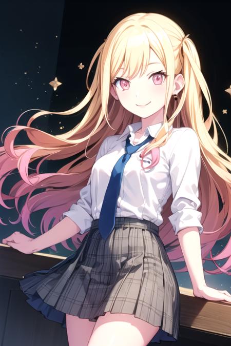 <lora:TenmaSaki-03:0.75>, 10ma_s, 1girl, solo, long hair, looking at viewer, smile, pink eyes, pink hair, blonde hair, kitagawa marin, smile, gyaru, white shirt, light blue skirt, shirt, blue necktie, very long hair, ear ear piercing, plaid skirt,