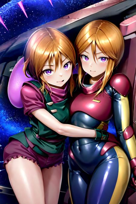 masterpiece, best quality, absurdres, ultra-detailed, cute, 2girls, space, star \(sky\), 
AND masterpiece, best quality, absurdres, ultra-detailed, cute, 2girls, standing, elpeo ple, red shirt, overalls, single glove, short shorts, hug, hand on another's hip, 
AND masterpiece, best quality, absurdres, ultra-detailed, cute, 2girls, standing, ple two, pilot suit, hug, hand on another's hip, <lora:elpeo_ple_v1-000080:0.8>